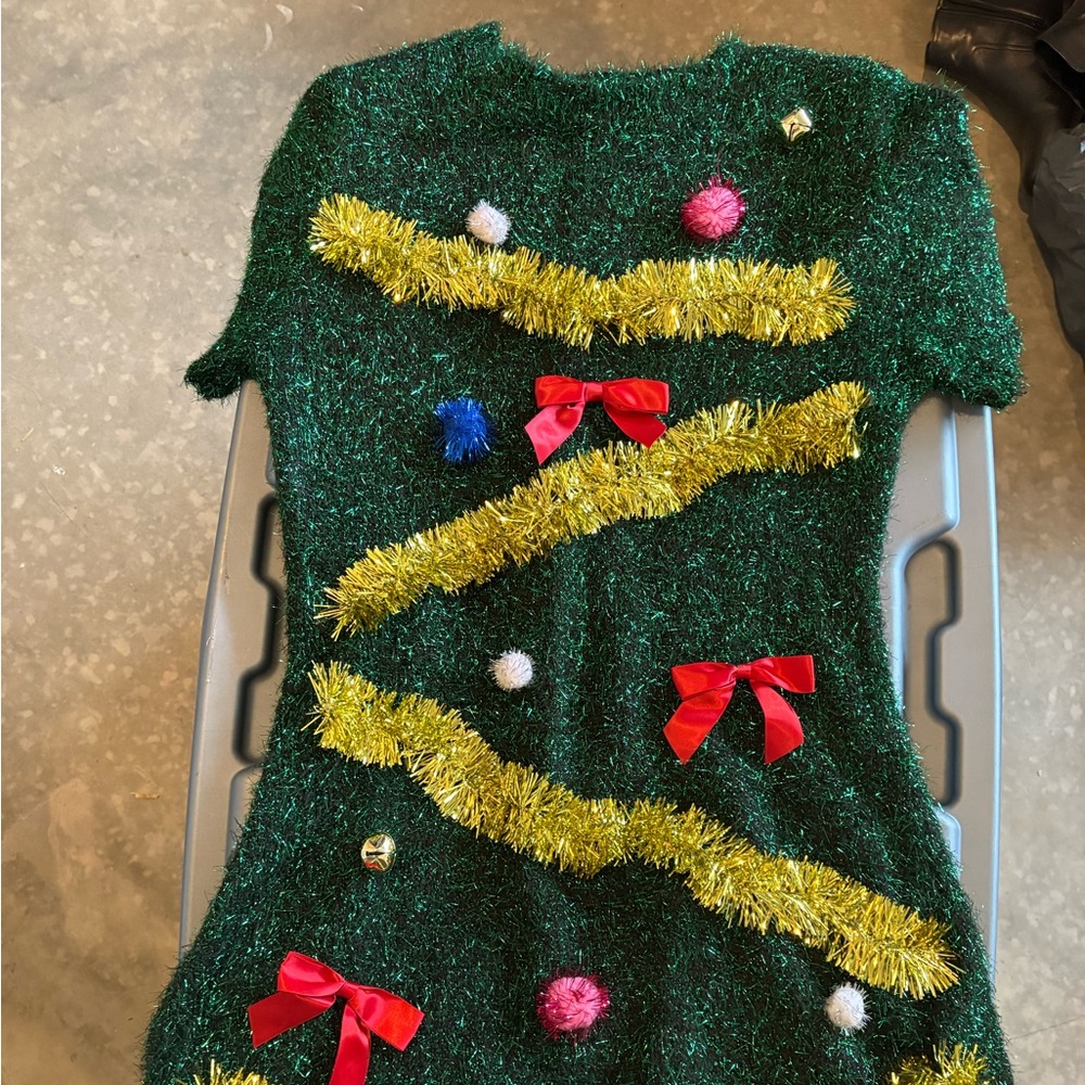 Freeway Green Tinsel Holiday Tree Sweater Dress with Red Bows